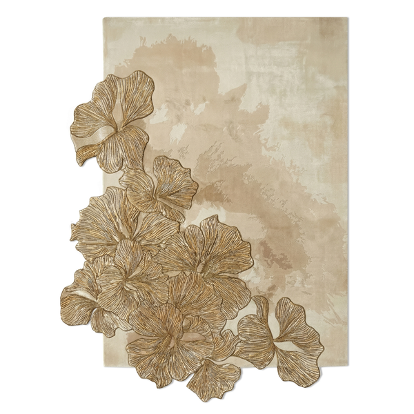 Hibiscus Designer luxury rug with gold floral cut out pattern on a textured beige background made from wool and bamboo silk