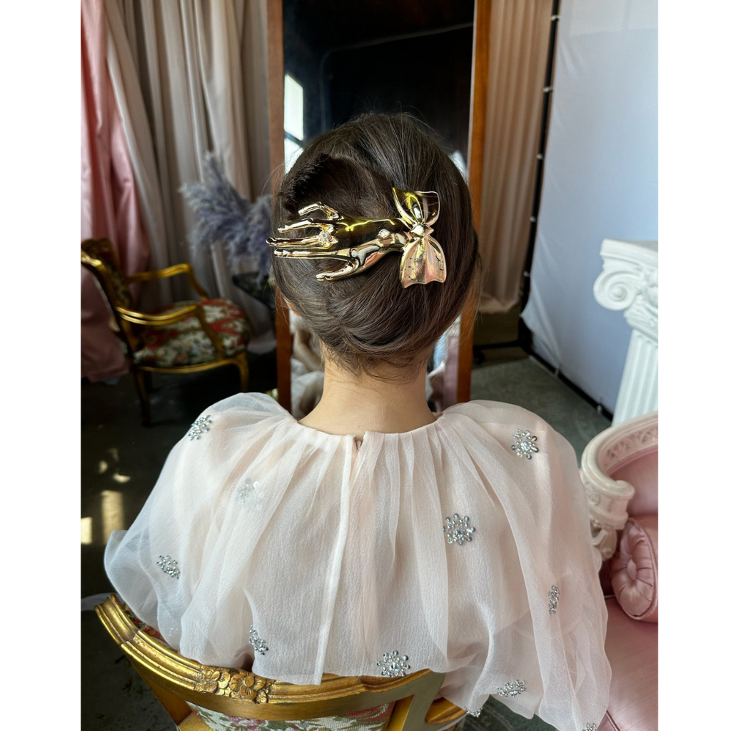 woman wearing epona valley Jean-Baptiste Barrette – 14K gold plated Swarovski luxury designer hair accessory
